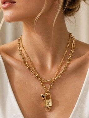 Authentic Louis Vuitton Gold Padlock w/ Unbranded Fashion Stainless Steel Chain